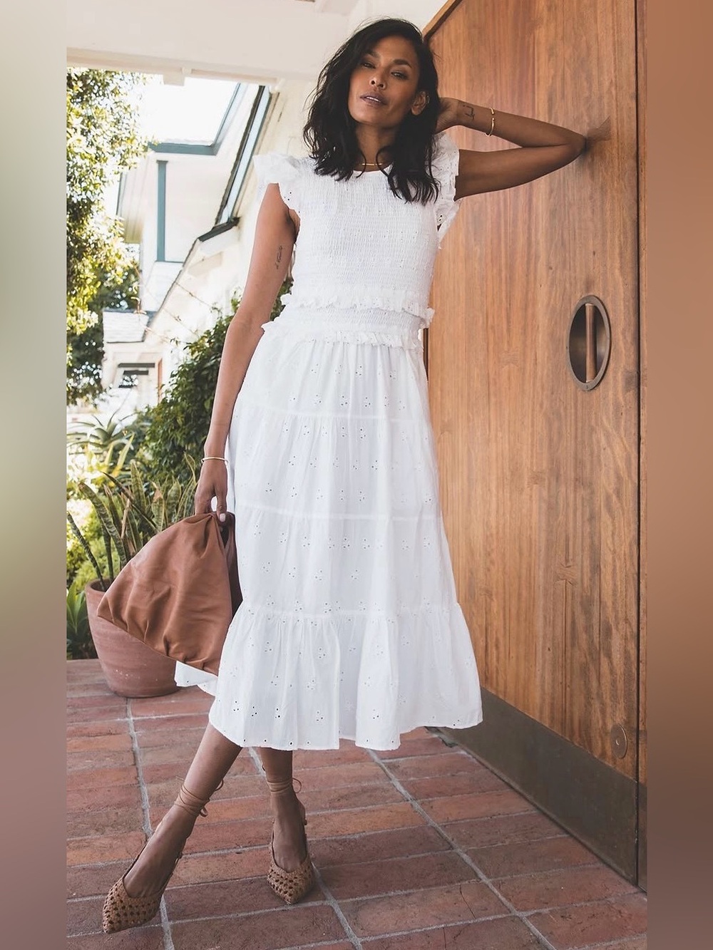 Cleobella Emmy Midi Dress Smocked Eyelet Ruffle White Size Small